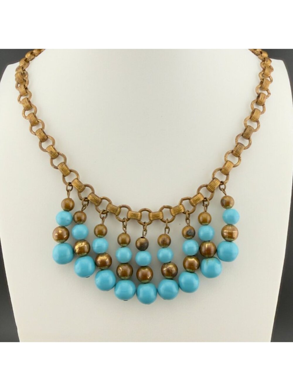 Vintage Blue Glass Brass Book Chain Necklace Beads Dangle 22"